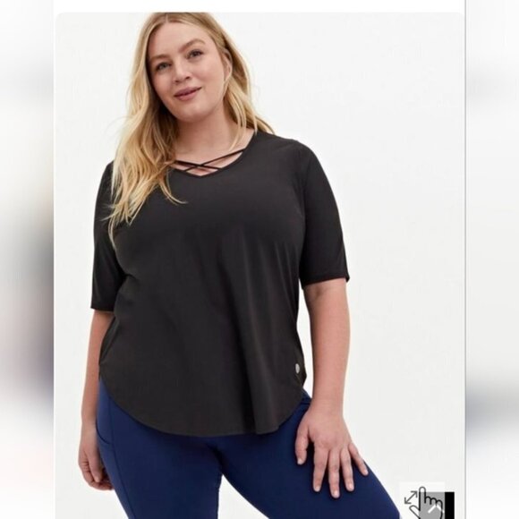 Torrid Tech Jersey Strappy Neck Short Sleeve Active Tee, gray black plus 3x - VN - Picture 1 of 9